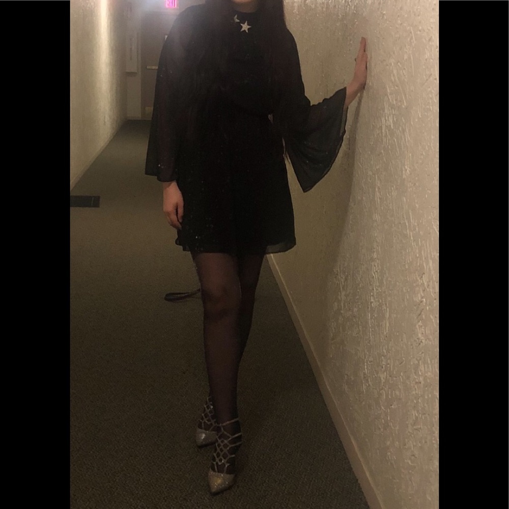 Primark Black Chiffon Star Print Bell Sleeve Dress